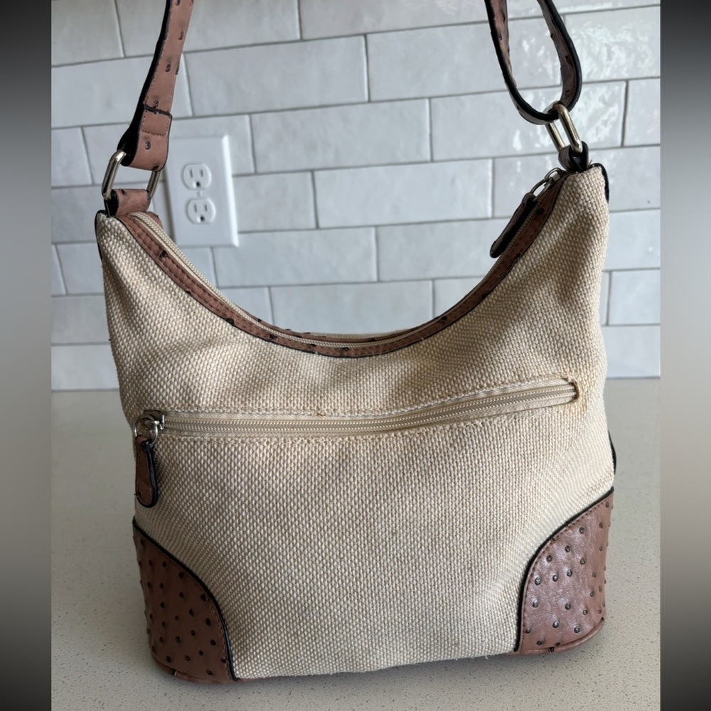 Giani Bernini Embossed Vegan Ostrich Leather Canvas Hobo Shoulder Bag Purse Tan - Picture 3 of 8